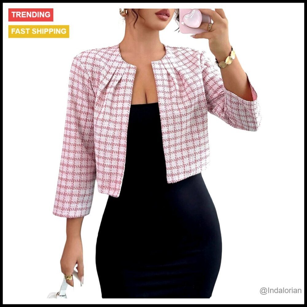 Plaid Tweed Blazer Open Front Long Sleeve Business Jacket Chic Classic
